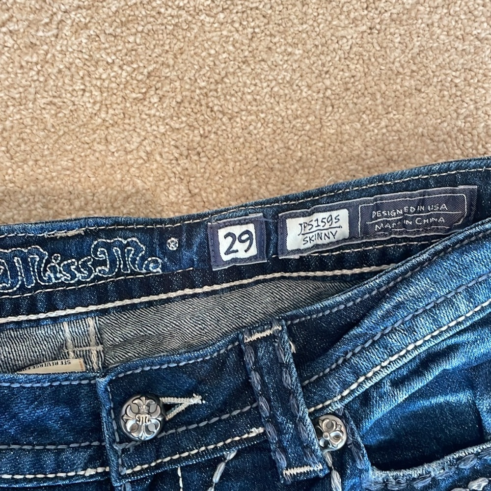 Miss Me Dark Blue Skinny Jeans with Intricate Silver Details - Picture 6 of 7